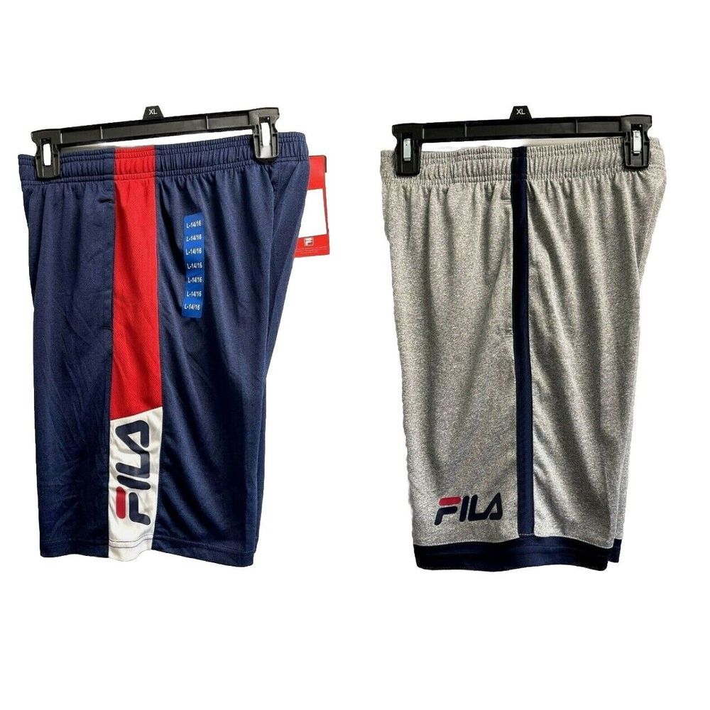 New Fila Youth Boys size L  2-pack Basketball Shorts Navy Gray Logo Side Pockets